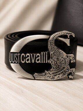 Just Cavalli Black Leather Belt with Silver Crocodile Logo Buckle